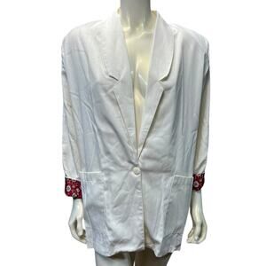 Vintage 90s Voice White Blazer Floral Cuff Detail Red Rayon Blend Made USA Small